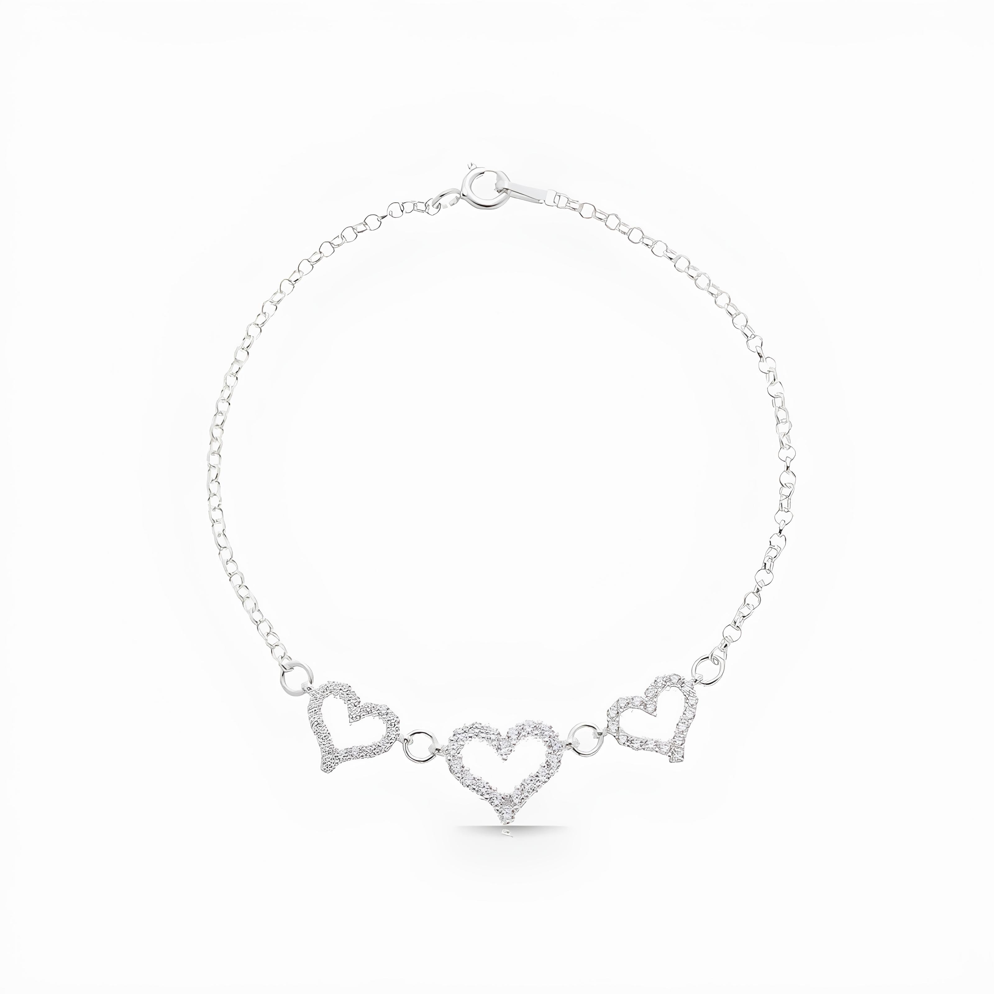 Pulseira de Prata 925 Três Corações Cravejado