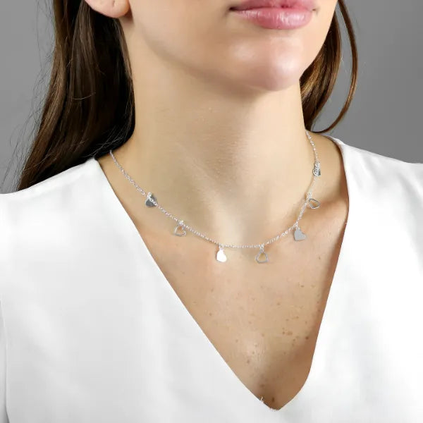 Colar Choker Prata 925 Corações Lisos Vasados