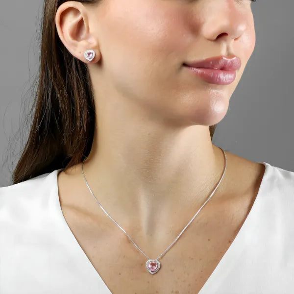 Conjunto Colar e Brinco de Prata 925 Coração Cravejado Rosa