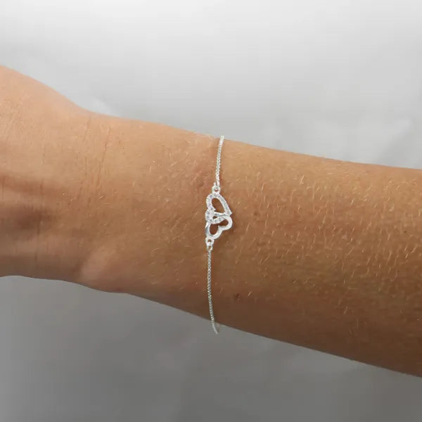 Pulseira de Prata 925 Coração Duplo Cravejado